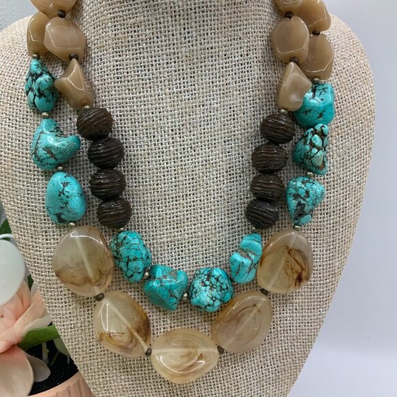 Chico's Turquoise Howlite Brown Natural Beaded Stones Double Strands Necklace - Picture 5 of 8